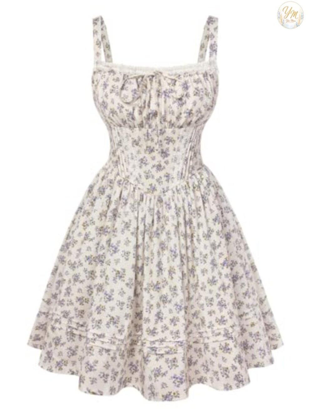 Floral Corset Mini Dress Tulle Underskirt Smocked Back Lace Trim Adjustable